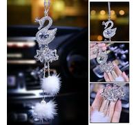 Decorazione a forma di cigno da appendere per specchietto retrovisore dell'auto con sfera in peluche con strass