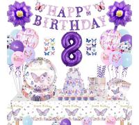 Decorazione a forma di farfalla, per compleanno, 8 anni, per bambine, 8° compleanno dei bambini, in carta, tovaglie, striscioni, palloncini, per compleanno, ragazza, 8 anni