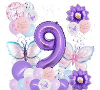 Decorazione a forma di farfalla, per compleanno, per bambine 9 anni, 31 pezzi, decorazione di compleanno, palloncini a forma di farfalla, palloncini con numeri, colore viola