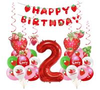 Decorazione a forma di fragola per 2° compleanno, striscione Happy Birthday, palloncini con fragole per il 2° compleanno, palloncino in foil rosso numero 2, decorazione a spirale vorticosa da