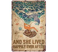 Decorazione a forma di sirena per camera da letto e lei viveva felici e contenti dopo la sirena marina in latta, decorazione da parete vintage, regalo artistico per feste, camera da letto all'aperto