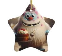 Decorazione a forma di stella da appendere in ceramica per albero di Natale, con scritta "YYHWHJDE The Little Monster Holding The Cake Print", facile da appendere su alberi, porte e finestre