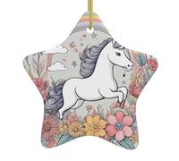 Decorazione a forma di stella in ceramica da appendere per albero di Natale, WHJSSF Beautiful Rainbows and Unicorns, con cordoncino in metallo perforato e placcato oro