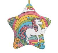 Decorazione a forma di stella in ceramica da appendere per albero di Natale, WHJSSF Pretty Rainbows and Unicorns, con cordoncino in metallo perforato e placcato oro