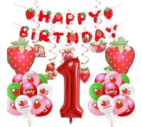 Decorazione a tema fragola per il 1° compleanno, banner Happy Birthday, palloncini fragola per il 1° compleanno, palloncino rosso in lamina numero 1, decorazione a spirale sospesa, per la decorazione