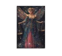 Decorazione artistica da parete con angelo che tiene una bilancia nella notte stellata, stampa con illustrazione sognante, poster fantasy, stampa mistica su tela, decorazione moderna da appendere, 50