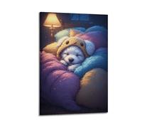 Decorazione artistica da parete con cucciolo in coperta colorata, stampa a tema animale domestico, accogliente opera d'arte su tela per la decorazione della casa, decorazione artistica da parete