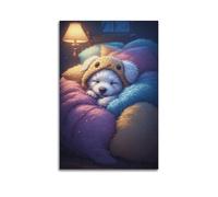 Decorazione artistica da parete con cucciolo in coperta colorata, stampa a tema animale domestico, accogliente opera d'arte su tela per decorazione della casa, decorazione artistica da parete, poster