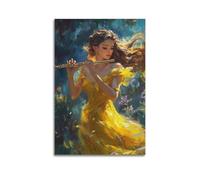 Decorazione artistica da parete con donna che suona il flauto in giardino, decorazione musicale per soggiorno e camera da letto, decorazione artistica moderna da appendere, 20 x 30 cm
