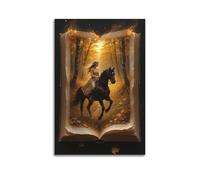 Decorazione artistica da parete con donna su cavallo nel libro magico, decorazione stravagante per soggiorno e camera da letto dei bambini, decorazione artistica da parete moderna da appendere, poster