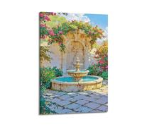 Decorazione artistica da parete con fontana del cortile fiorito, stampa colorata, poster da giardino, poster su tela vibrante, poster decorativo da parete su tela e stampa artistica moderna per la