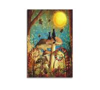 Decorazione artistica da parete con foresta di funghi al chiaro di luna, stampa stravagante di cartoni animati, poster fantasy, graziosa immagine su tela, decorazione artistica da parete per soggiorno