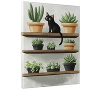 Decorazione artistica da parete con gatto e piante grasse in vaso verde, decorazione artistica su tela, graziosa arte animale per casa, soggiorno, camera da letto, ufficio, senza cornice, 20,3 x 30,5