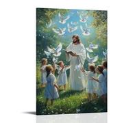 Decorazione artistica da parete con Gesù in piedi tra i bambini in un pascolo verde, il suo volto illuminato con gioia mentre le colombe svolazzano sopra nei cerchi di luce. Poster artistico