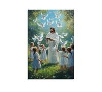 Decorazione artistica da parete con Gesù in piedi tra i bambini in un pascolo verde, il suo volto illuminato con gioia mentre le colombe svolazzano sopra nei cerchi di luce. Poster artistico