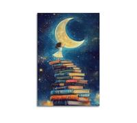 Decorazione artistica da parete con illustrazione di una torre di libro con ragazza e luna, decorazione stravagante per la camera dei bambini e la stanza dei giochi, decorazione artistica da parete