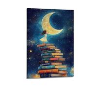 Decorazione artistica da parete con illustrazione di una torre di libro con ragazza e luna, decorazione stravagante per la camera dei bambini e la stanza dei giochi, decorazione artistica da parete