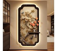 Decorazione Artistica Da Parete Con Luce LED, Quadro Sospeso A Tema Uccelli Cinesi Con Illuminazione E Vaso In Vetro, Lampada Da Parete In Arenaria A Forma Di Fiore(C,40 * 80cm)