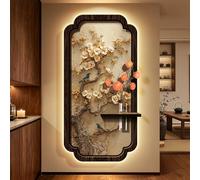 Decorazione Artistica Da Parete Con Luce LED, Quadro Sospeso A Tema Uccelli Cinesi Con Illuminazione E Vaso In Vetro, Lampada Da Parete In Arenaria A Forma Di Fiore(A,60 * 120cm)