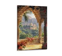 Decorazione artistica da parete con palazzo con vista sulle montagne, stampa luminosa, poster con paesaggio, allegra immagine su tela, decorazione artistica da parete per soggiorno, poster decorativo