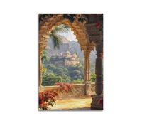 Decorazione artistica da parete con palazzo con vista sulle montagne, stampa luminosa, poster con paesaggio, allegra immagine su tela, decorazione artistica da parete per soggiorno, poster decorativo