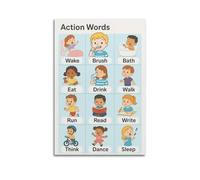 Decorazione artistica da parete con parole d'azione, decorazione educativa, vocabolario, poster educativo, poster artistico da parete, decorazione moderna da appendere, 60 x 90 cm