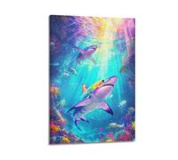 Decorazione artistica da parete con squali colorati nella barriera corallina, decorazione vivace per la casa, poster artistico da parete moderno da appendere, 50 x 75 cm