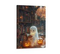 Decorazione artistica da parete con stampa di fantasmi luminosi da libreria con zucche, decorazione per Halloween, accogliente e spettrale, poster artistico da parete per soggiorno, decorazione