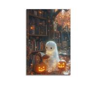 Decorazione artistica da parete con stampa di fantasmi luminosi da libreria con zucche, decorazione per Halloween, accogliente e spettrale, poster artistico da parete per soggiorno, decorazione