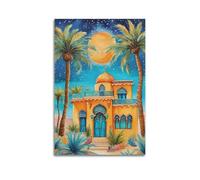 Decorazione artistica da parete con villa del deserto al chiaro di luna, stampa colorata, poster di architettura, vivace immagine su tela, decorazione artistica da parete per soggiorno, decorazione