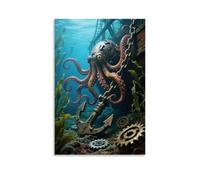 Decorazione artistica da parete da appendere contemporanea, motivo: tentacoli di un polpo meccanico che avvolge la catena di ancoraggio di una nave affondata, gli alunni girano gli ingranaggi, le
