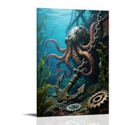 Decorazione artistica da parete da appendere contemporanea, motivo: tentacoli di un polpo meccanico che avvolge la catena di ancoraggio di una nave affondata, gli alunni girano gli ingranaggi, le