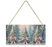 Decorazione artistica da parete in legno con tre alberi di Natale alti con fiocchi rosa, decorazione rustica da appendere