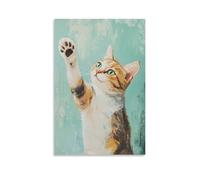 Decorazione artistica da parete moderna da appendere con dipinto a olio di un gatto che esamina le zampe in uno specchio come un blogger di bellezza, incorniciato su uno sfondo di menta. Decorazione