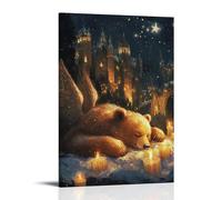 Decorazione artistica da parete moderna da appendere con scritta "Beneath Stars and Ruined Towers, An Angel Sings to A Sleeping Bear Wrapped in the Candlelight and Snow" (40 x 60 cm)