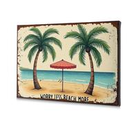 Decorazione artistica da parete per bagno con palme, ombrellone, onde dell'oceano, spiaggia sabbiosa, immagine decorativa su tela, decorazione shabby chic (20 x 30 cm)