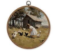 Decorazione artistica da parete vintage pastorale, stampa rotonda da appendere con ragazza e oche Cottagecore, stampa rustica su tela per soggiorno, cucina, asilo nido, decorazione rotonda da