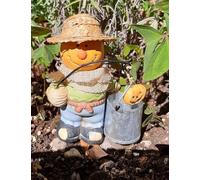 Decorazione Autunnale da Giardino, Spaventapasseri in Terracotta con Cappello di Paglia, Secchiello e Zucca