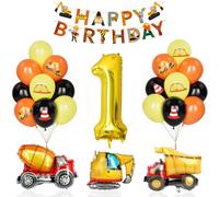 Decorazione Compleanno Escavatore 1 Anno, Ragazzo Bambini Palloncino Veicolo Cemento Camion Palloncini Oro Numero 1 Nero Giallo Arancione Palloncino Foil Buon Compleanno Banner Accessori Feste