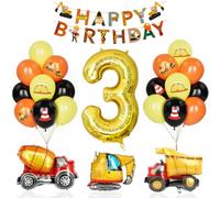 Decorazione Compleanno Escavatore 3 Anno, Ragazzo Bambini Palloncino Veicolo Cemento Camion Palloncini Oro Numero 3 Nero Giallo Arancione Palloncino Foil Buon Compleanno Banner Accessori Feste