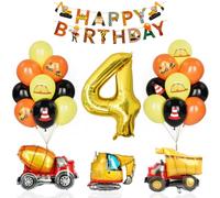 Decorazione Compleanno Escavatore 4 Anno, Ragazzo Bambini Palloncino Veicolo Cemento Camion Palloncini Oro Numero 4 Nero Giallo Arancione Palloncino Foil Buon Compleanno Banner Accessori Feste