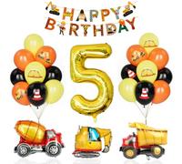 Decorazione Compleanno Escavatore 5 Anno, Ragazzo Bambini Palloncino Veicolo Cemento Camion Palloncini Oro Numero 5 Nero Giallo Arancione Palloncino Foil Buon Compleanno Banner Accessori Feste