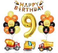 Decorazione Compleanno Escavatore 9 Anno, Ragazzo Bambini Palloncino Veicolo Cemento Camion Palloncini Oro Numero 9 Nero Giallo Arancione Palloncino Foil Buon Compleanno Banner Accessori Feste