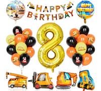 Decorazione Compleanno Escavatori 8 Anni, 29Pcs Forniture Per Feste Costruzione Con Banner, Palloncino Numero 8 Con Gru Scavatrice Carrelli Elevatori Palloncini Per Ragazzi Compleanno Costruzione