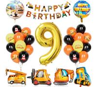 Decorazione Compleanno Escavatori 9 Anni, 29Pcs Forniture Per Feste Costruzione Con Banner, Palloncino Numero 9 Con Gru Scavatrice Carrelli Elevatori Palloncini Per Ragazzi Compleanno Costruzione