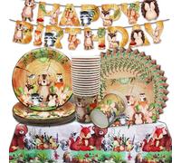 Decorazione Compleanno Giungla Autunno,Set da tavola per la Festa degli Animali della Giungla,Per 20 ospiti, Banner HAPPY BIRTHDAY,Piatto giungla, bicchieri,Tovaglioli e tovaglie
