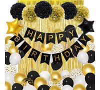 Decorazione Compleanno Nero e Oro per Adulti - Kit Decorazione Premium con Striscione "Happy Birthday", Palloncini Coriandoli, Pompon e Tendaggio con Frange per Festa a Tema - Ideale per Uomo e Donna