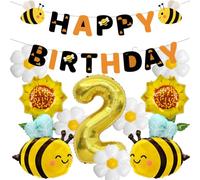 Decorazione con api per il secondo compleanno, striscione Happy Birthday, palloncini per il secondo compleanno, palloncini a fiori, margherita e girasole, palloncino in lamina giallo numero 2, per