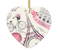 Decorazione con stampa della Torre di Parigi e una bicicletta, squisite decorazioni in ceramica a forma di cuore per alberi di vacanza o case
