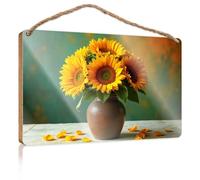 Decorazione da appendere al bagno, con girasoli vivaci in un vaso rustico, cartello in legno per porta d'ingresso, cartelli in legno tinta unita per artigianato (15 x 28 cm)